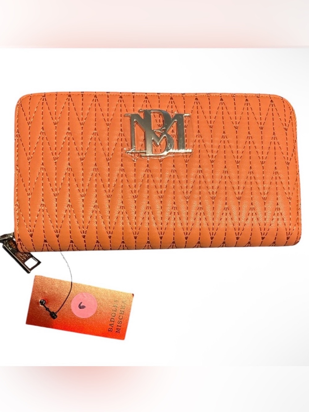 Badgley Mischka Orange Quilted Zip-Around Wallet with Metal Logo